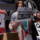 The women’s advocacy group UltraViolet protests outside Fox News headquarters in New York this week. (UltraViolet)